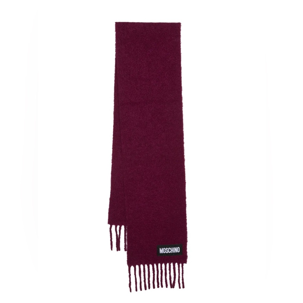 ♥️🧣♥️ MOSCHINO Logo Patch Fringed Scarf In Burgundy